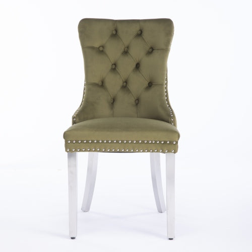 Tufted Velvet Dining Chairs with Nailhead Trim and Chrome Legs, Set of 2, Olive Green
