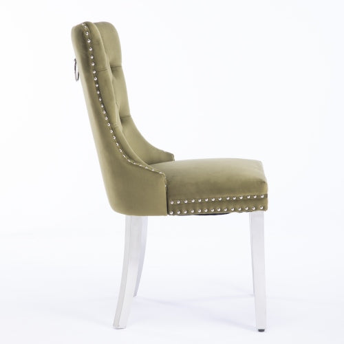 Tufted Velvet Dining Chairs with Nailhead Trim and Chrome Legs, Set of 2, Olive Green