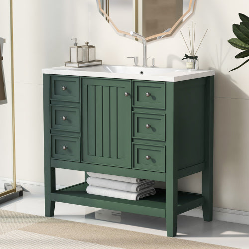 36" Bathroom Vanity with Sink, One Cabinet and Three Drawers, Solid Wood and MDF Board, Green (Old Sku:SY999505AAG-6)