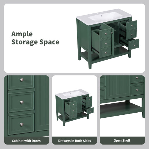 36" Bathroom Vanity with Sink, One Cabinet and Three Drawers, Solid Wood and MDF Board, Green (Old Sku:SY999505AAG-6)