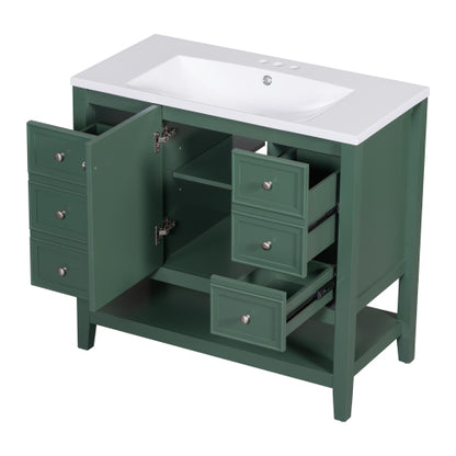 36" Bathroom Vanity with Sink, One Cabinet and Three Drawers, Solid Wood and MDF Board, Green (Old Sku:SY999505AAG-6)