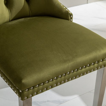 Tufted Velvet Dining Chairs with Nailhead Trim and Chrome Legs, Set of 2, Olive Green