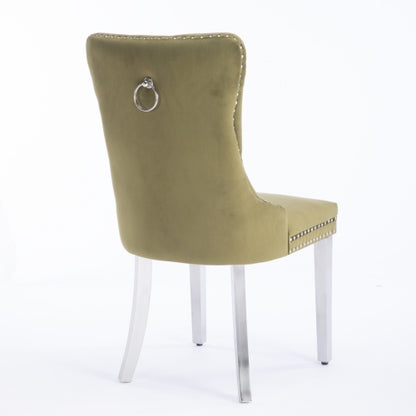 Tufted Velvet Dining Chairs with Nailhead Trim and Chrome Legs, Set of 2, Olive Green