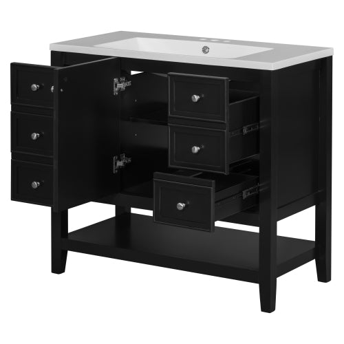 36" Bathroom Vanity with Sink Combo, One Cabinet and Three Drawers, Solid Wood and MDF Board, Black