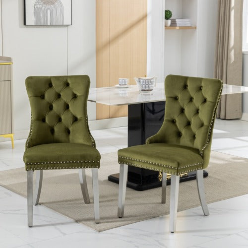 Tufted Velvet Dining Chairs with Nailhead Trim and Chrome Legs, Set of 2, Olive Green