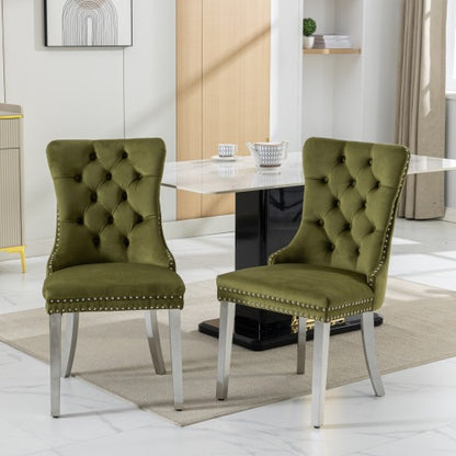 Tufted Velvet Dining Chairs with Nailhead Trim and Chrome Legs, Set of 2, Olive Green