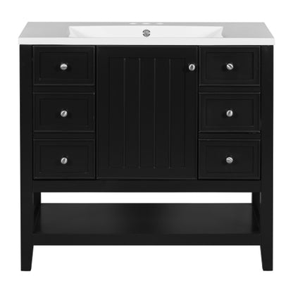36" Bathroom Vanity with Sink Combo, One Cabinet and Three Drawers, Solid Wood and MDF Board, Black