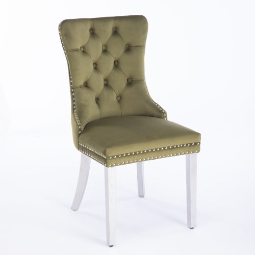Tufted Velvet Dining Chairs with Nailhead Trim and Chrome Legs, Set of 2, Olive Green