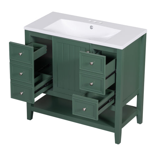 36" Bathroom Vanity with Sink, One Cabinet and Three Drawers, Solid Wood and MDF Board, Green (Old Sku:SY999505AAG-6)