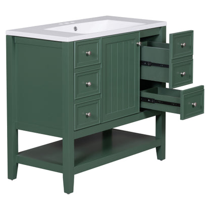 36" Bathroom Vanity with Sink, One Cabinet and Three Drawers, Solid Wood and MDF Board, Green (Old Sku:SY999505AAG-6)