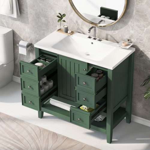 36" Bathroom Vanity with Sink, One Cabinet and Three Drawers, Solid Wood and MDF Board, Green (Old Sku:SY999505AAG-6)