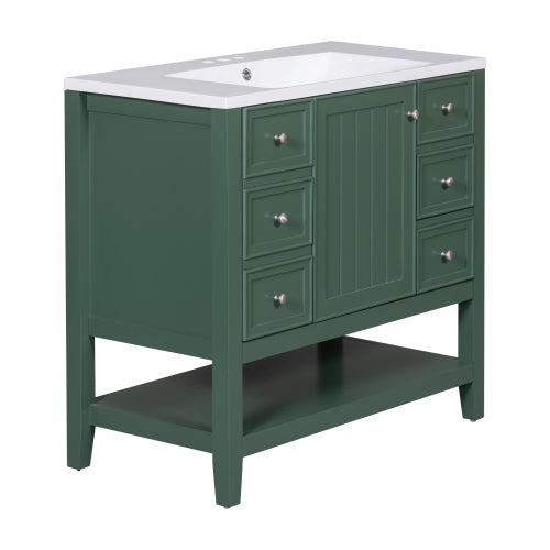36" Bathroom Vanity with Sink, One Cabinet and Three Drawers, Solid Wood and MDF Board, Green (Old Sku:SY999505AAG-6)
