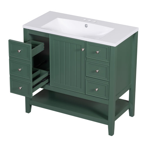 36" Bathroom Vanity with Sink, One Cabinet and Three Drawers, Solid Wood and MDF Board, Green (Old Sku:SY999505AAG-6)