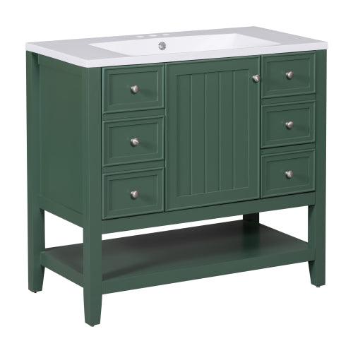 36" Bathroom Vanity with Sink, One Cabinet and Three Drawers, Solid Wood and MDF Board, Green (Old Sku:SY999505AAG-6)