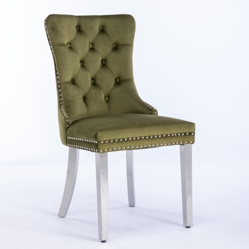 Tufted Velvet Dining Chairs with Nailhead Trim and Chrome Legs, Set of 2, Olive Green