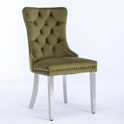 Tufted Velvet Dining Chairs with Nailhead Trim and Chrome Legs, Set of 2, Olive Green