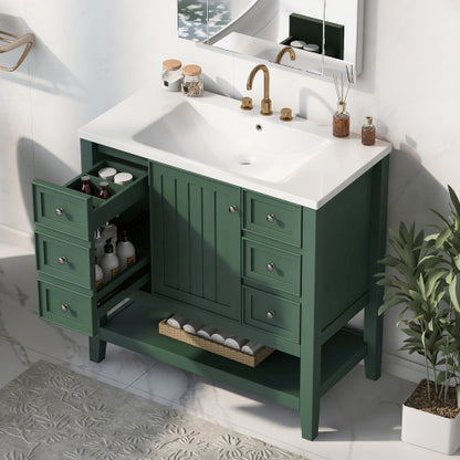 36" Bathroom Vanity with Sink, One Cabinet and Three Drawers, Solid Wood and MDF Board, Green (Old Sku:SY999505AAG-6)