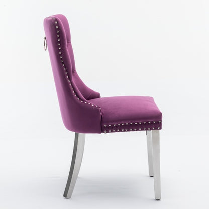 Tufted Velvet Dining Chairs with Nailhead Trim and Chrome Legs, Set of 2, Purple