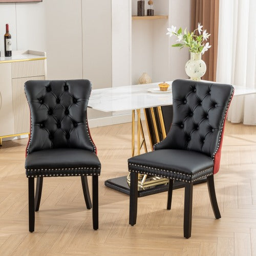 Collection Modern Dining Chairs Set of 2, High-End Tufted Upholstered Chair with PU & Velvet Back, Solid Wood Legs, Nailhead Trim, Black+WineRed Burgundy