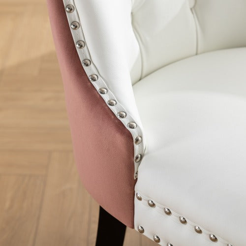 Set of 2 White PU + Pink Velvet Tufted Swivel Dining Office Chairs, Gold Metal Base Caster Wheels Height Adjustable