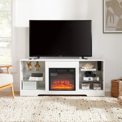 58 Inch White Electric Fireplace TV Stand 3D Color LED Light Media Cabinet with USB Power Outlet for 65 Inch TV