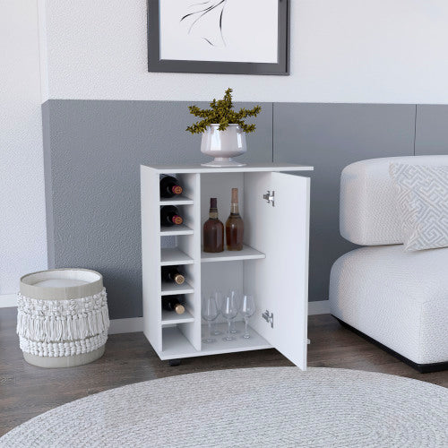 White 4-wheel bar cart cabinet for kitchen or living room, with 6 side built-in bottle racks, 1 interior shelve, 2 side shelves, 2 space with wood door to store glasses, cups, coffee or snacks.