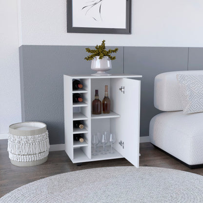 White 4-wheel bar cart cabinet for kitchen or living room, with 6 side built-in bottle racks, 1 interior shelve, 2 side shelves, 2 space with wood door to store glasses, cups, coffee or snacks.