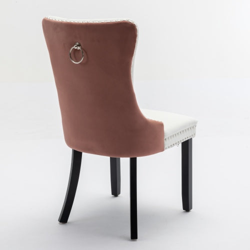 Set of 2 White PU + Pink Velvet Tufted Swivel Dining Office Chairs, Gold Metal Base Caster Wheels Height Adjustable