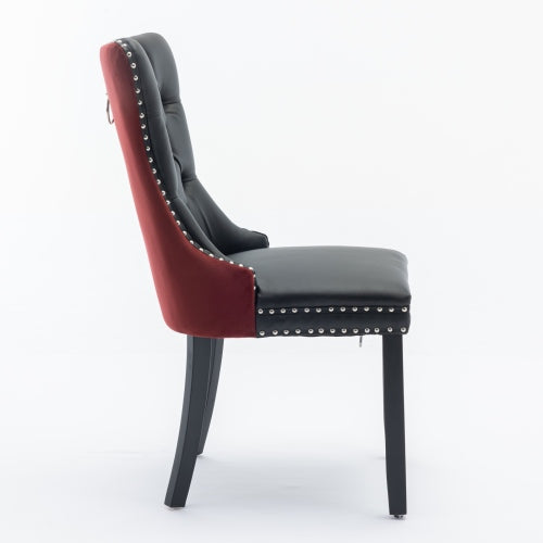 Collection Modern Dining Chairs Set of 2, High-End Tufted Upholstered Chair with PU & Velvet Back, Solid Wood Legs, Nailhead Trim, Black+WineRed Burgundy