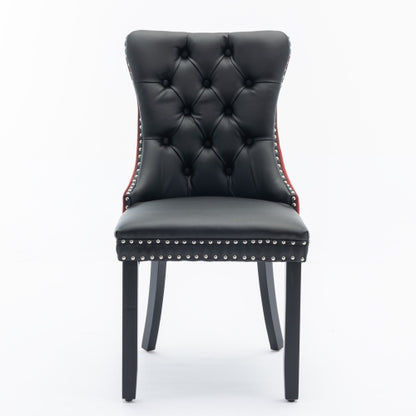 Collection Modern Dining Chairs Set of 2, High-End Tufted Upholstered Chair with PU & Velvet Back, Solid Wood Legs, Nailhead Trim, Black+WineRed Burgundy