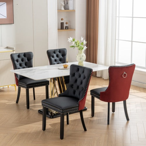 Collection Modern Dining Chairs Set of 2, High-End Tufted Upholstered Chair with PU & Velvet Back, Solid Wood Legs, Nailhead Trim, Black+WineRed Burgundy
