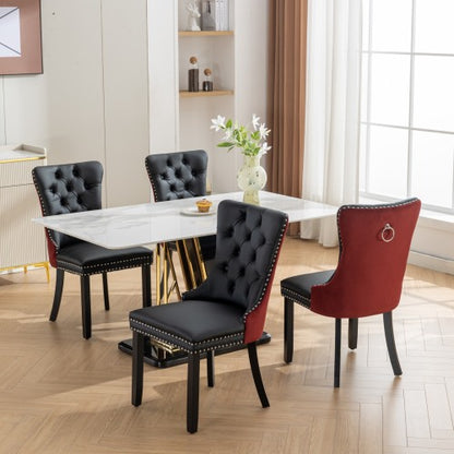 Collection Modern Dining Chairs Set of 2, High-End Tufted Upholstered Chair with PU & Velvet Back, Solid Wood Legs, Nailhead Trim, Black+WineRed Burgundy