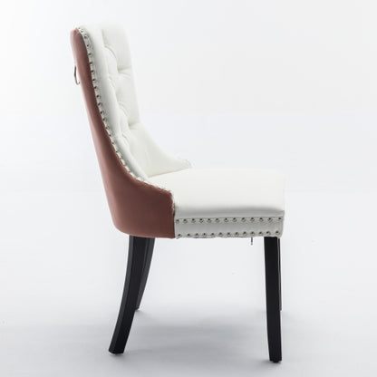 Set of 2 White PU + Pink Velvet Tufted Swivel Dining Office Chairs, Gold Metal Base Caster Wheels Height Adjustable