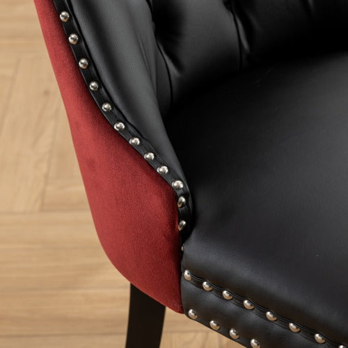 Collection Modern Dining Chairs Set of 2, High-End Tufted Upholstered Chair with PU & Velvet Back, Solid Wood Legs, Nailhead Trim, Black+WineRed Burgundy