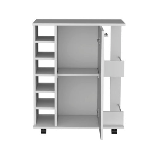 White 4-wheel bar cart cabinet for kitchen or living room, with 6 side built-in bottle racks, 1 interior shelve, 2 side shelves, 2 space with wood door to store glasses, cups, coffee or snacks.