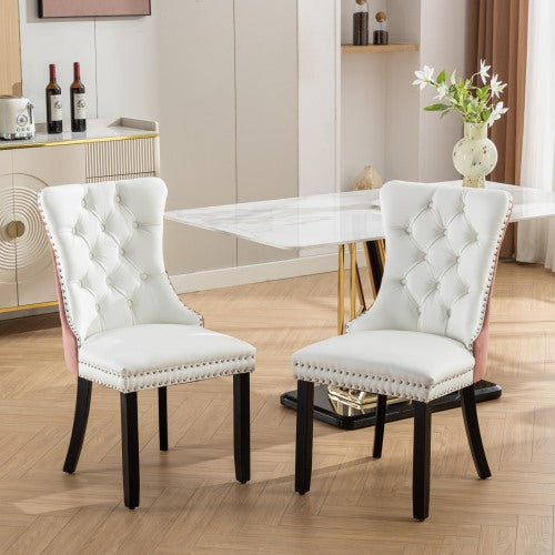 Set of 2 White PU + Pink Velvet Tufted Swivel Dining Office Chairs, Gold Metal Base Caster Wheels Height Adjustable