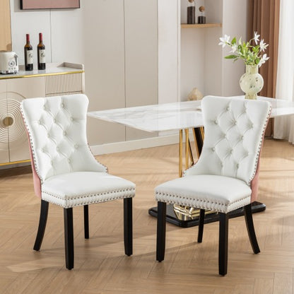 Set of 2 White PU + Pink Velvet Tufted Swivel Dining Office Chairs, Gold Metal Base Caster Wheels Height Adjustable