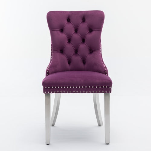 Tufted Velvet Dining Chairs with Nailhead Trim and Chrome Legs, Set of 2, Purple