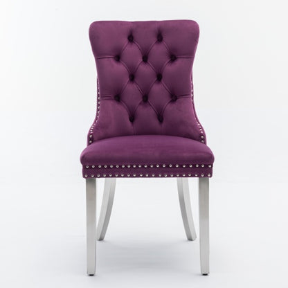 Tufted Velvet Dining Chairs with Nailhead Trim and Chrome Legs, Set of 2, Purple