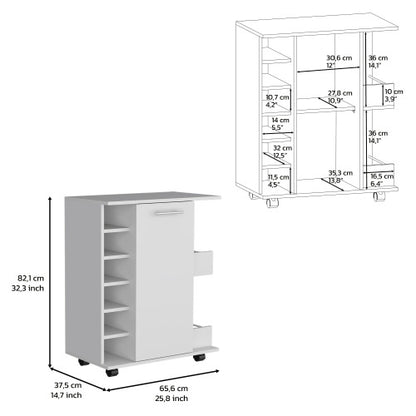 White 4-wheel bar cart cabinet for kitchen or living room, with 6 side built-in bottle racks, 1 interior shelve, 2 side shelves, 2 space with wood door to store glasses, cups, coffee or snacks.