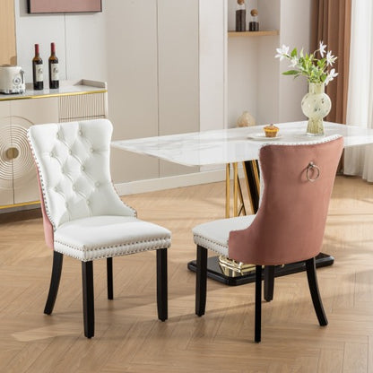 Set of 2 White PU + Pink Velvet Tufted Swivel Dining Office Chairs, Gold Metal Base Caster Wheels Height Adjustable