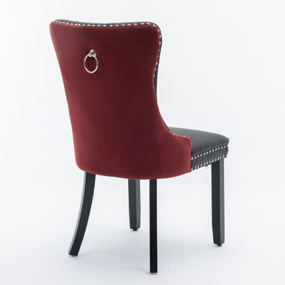 Collection Modern Dining Chairs Set of 2, High-End Tufted Upholstered Chair with PU & Velvet Back, Solid Wood Legs, Nailhead Trim, Black+WineRed Burgundy