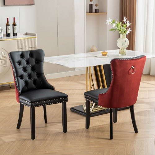 Collection Modern Dining Chairs Set of 2, High-End Tufted Upholstered Chair with PU & Velvet Back, Solid Wood Legs, Nailhead Trim, Black+WineRed Burgundy