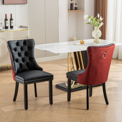 Collection Modern Dining Chairs Set of 2, High-End Tufted Upholstered Chair with PU & Velvet Back, Solid Wood Legs, Nailhead Trim, Black+WineRed Burgundy