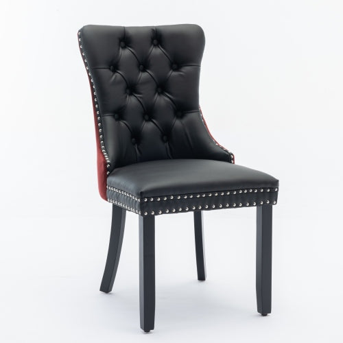 Collection Modern Dining Chairs Set of 2, High-End Tufted Upholstered Chair with PU & Velvet Back, Solid Wood Legs, Nailhead Trim, Black+WineRed Burgundy