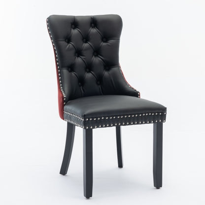 Collection Modern Dining Chairs Set of 2, High-End Tufted Upholstered Chair with PU & Velvet Back, Solid Wood Legs, Nailhead Trim, Black+WineRed Burgundy