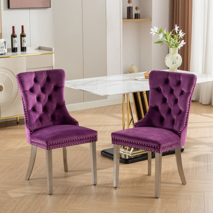 Tufted Velvet Dining Chairs with Nailhead Trim and Chrome Legs, Set of 2, Purple