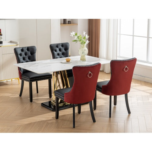 Collection Modern Dining Chairs Set of 2, High-End Tufted Upholstered Chair with PU & Velvet Back, Solid Wood Legs, Nailhead Trim, Black+WineRed Burgundy