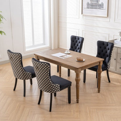 Set of 2 Black Patterned Velvet Dining Chairs, Solid Wood Nailhead Chairs with Adjustable Legs