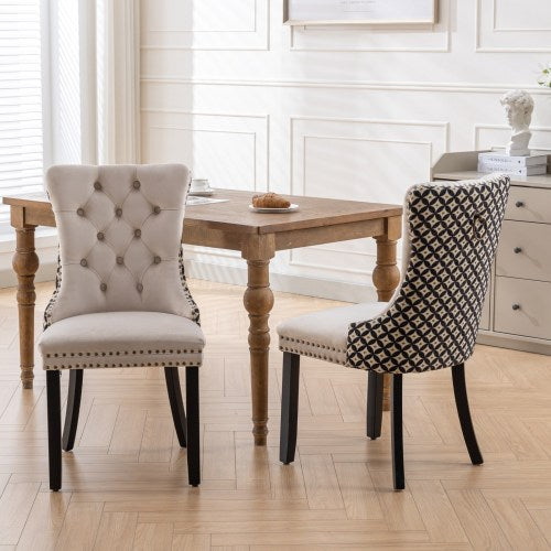 Set of 2 Beige Patterned Velvet Dining Chairs, Solid Wood Chairs with Nailhead & Adjustable Feet